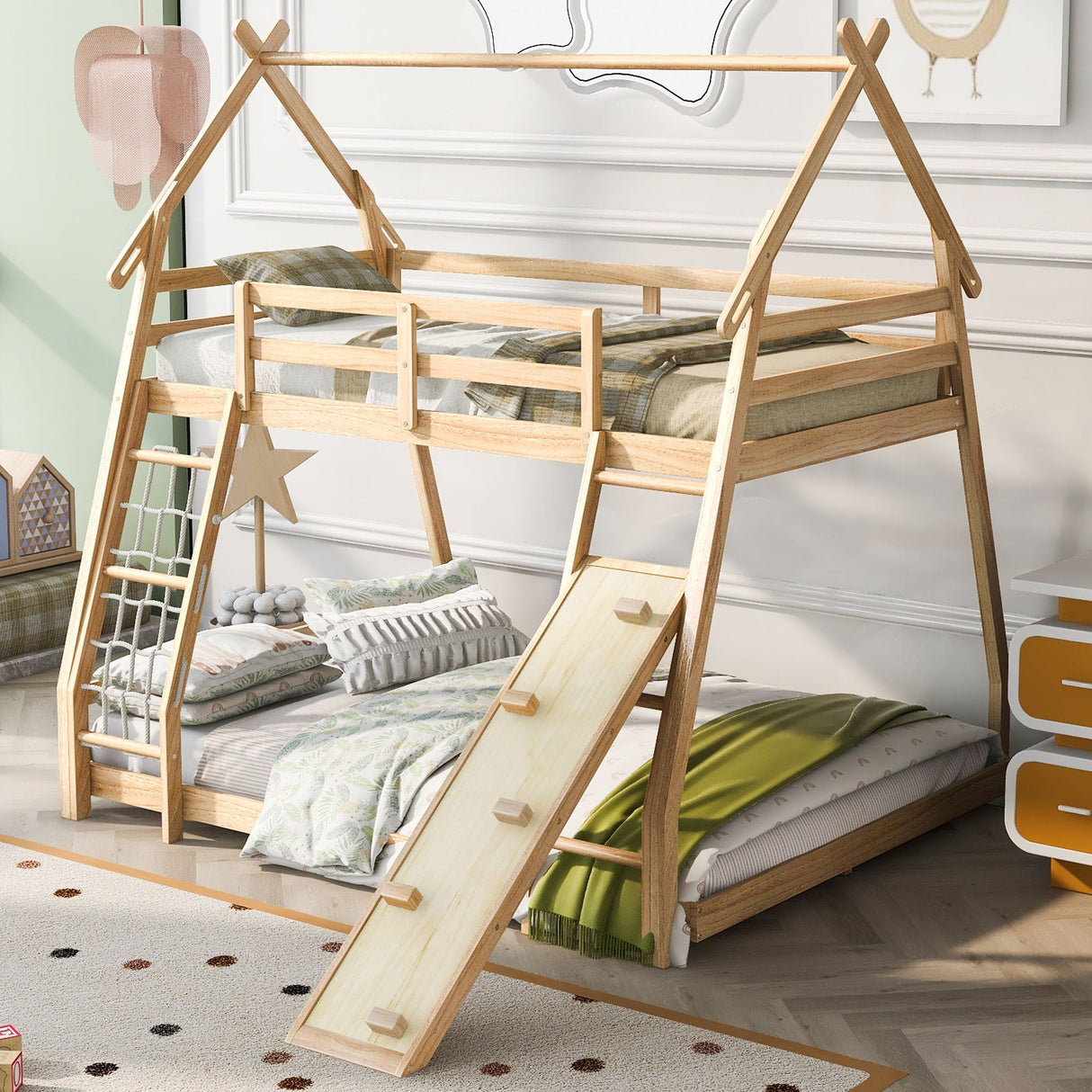 Twin Over Queen House Bunk Bed With Climbing Nets And Climbing Ramp by Couch.com