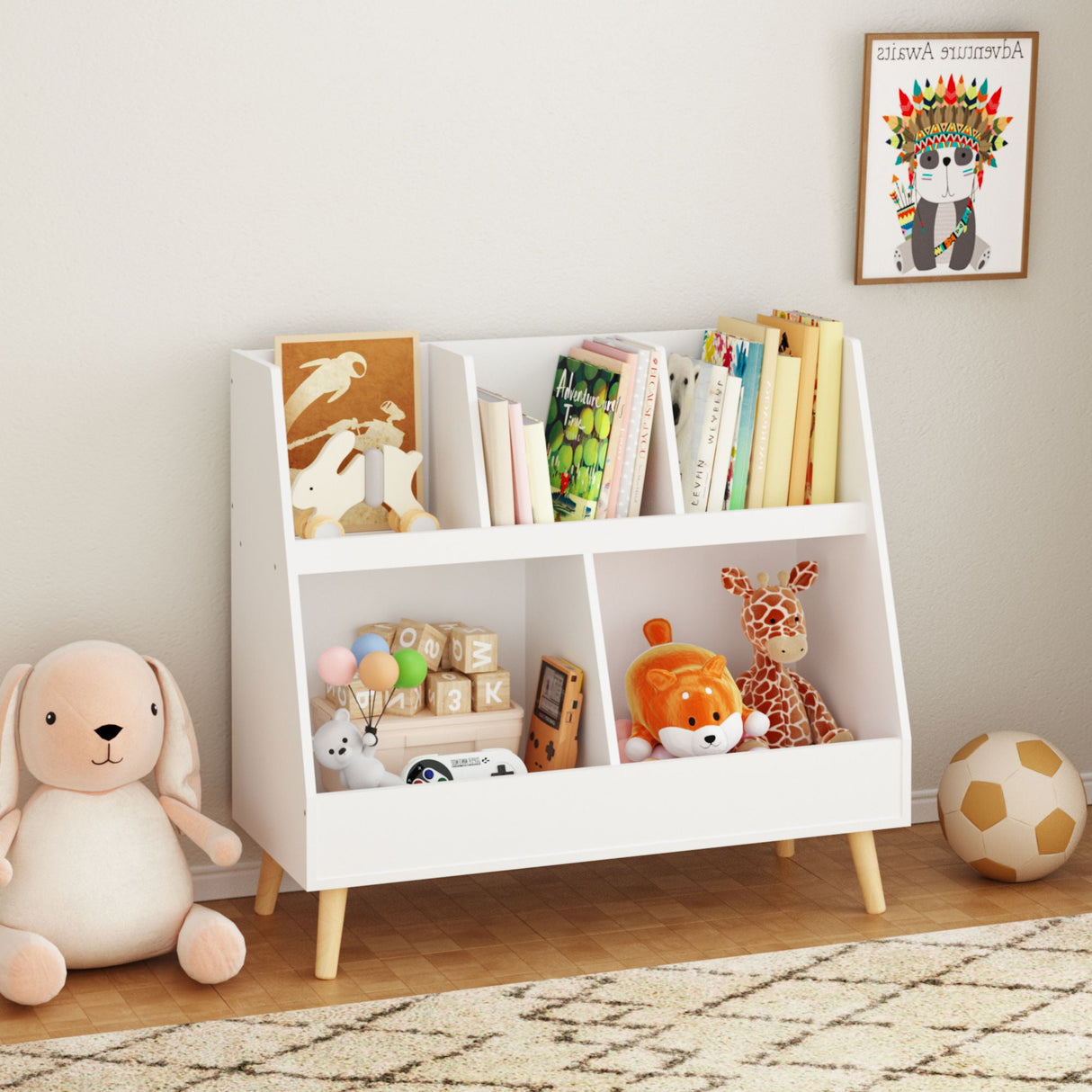 Kids Bookshelf And Toy Organizer, 5 Cubbies Wooden Open Bookcase, 2-Tier Baby Storage Display Organizer With Legs, Free Standing For Playing Room, Bedroom, Nursery, Classroom - White by Couch.com