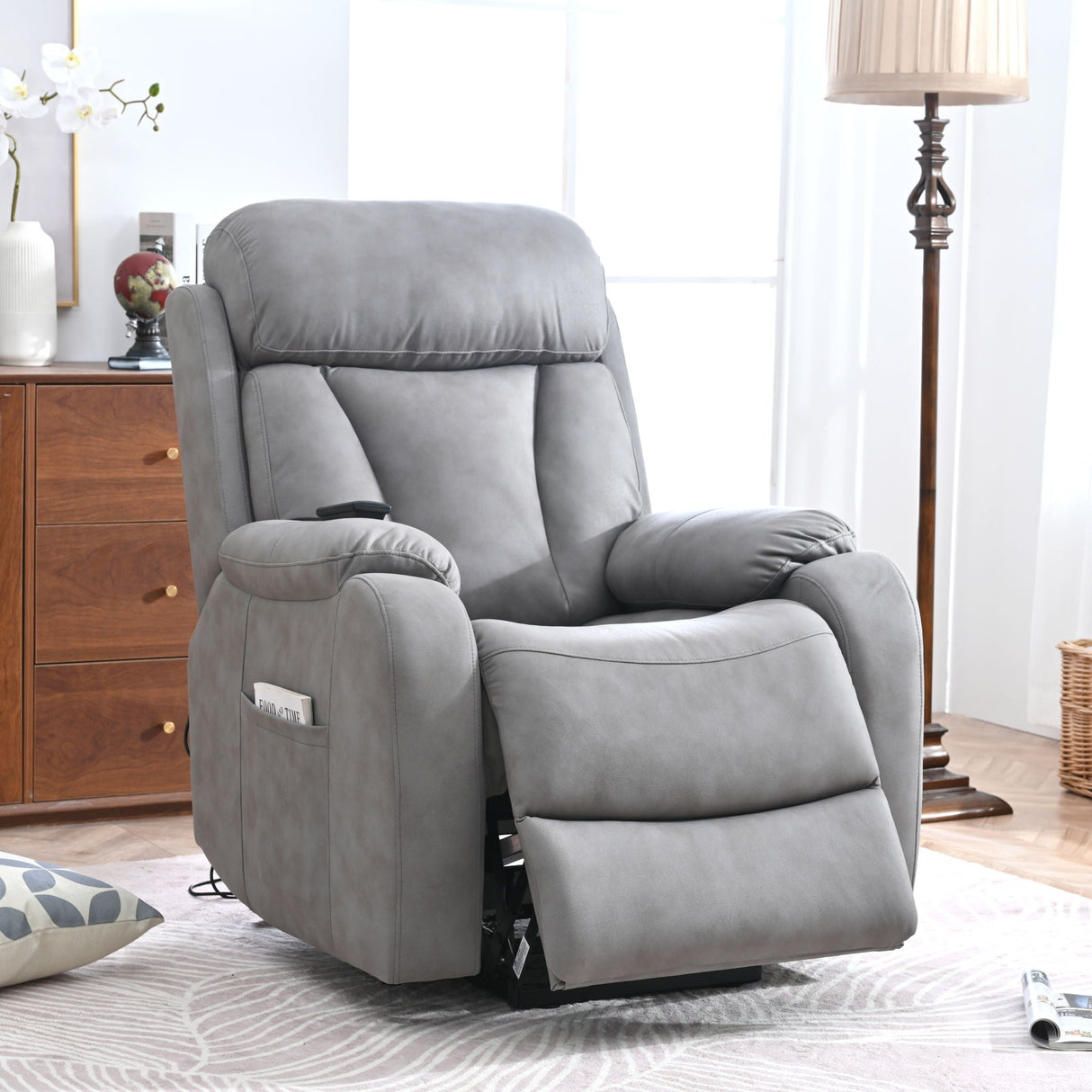 Electric Power Lift Recliner Chair, Fabric Recliner Chair, Home Theater Seating, Living Room Chair, Side Pocket, Remote Control - Light Gray by Couch.com