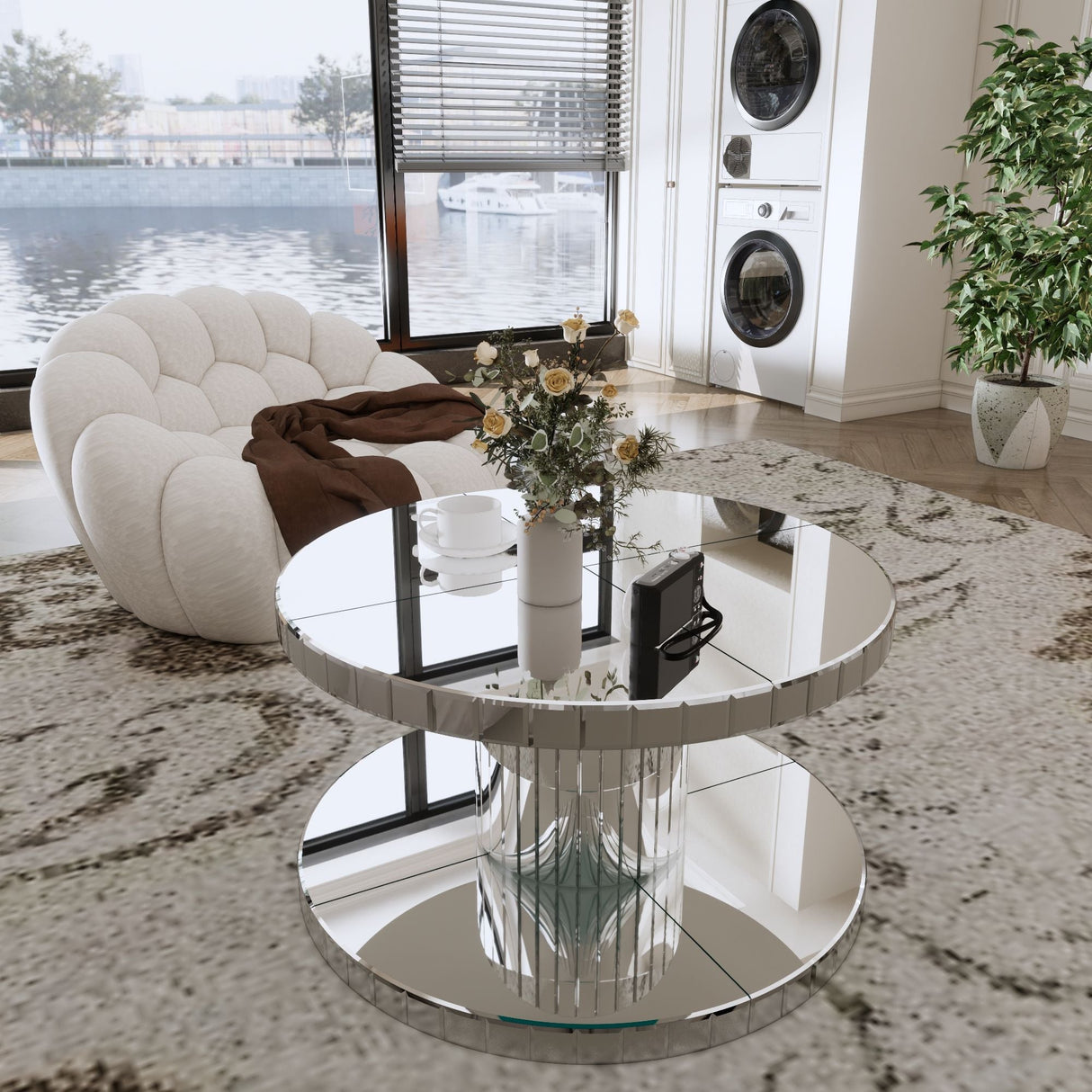 Luxury Double Tier Round Mirror Coffee & End Table With Fluted Glass Modern Sofa Side Table - Silver / Glass by Couch.com