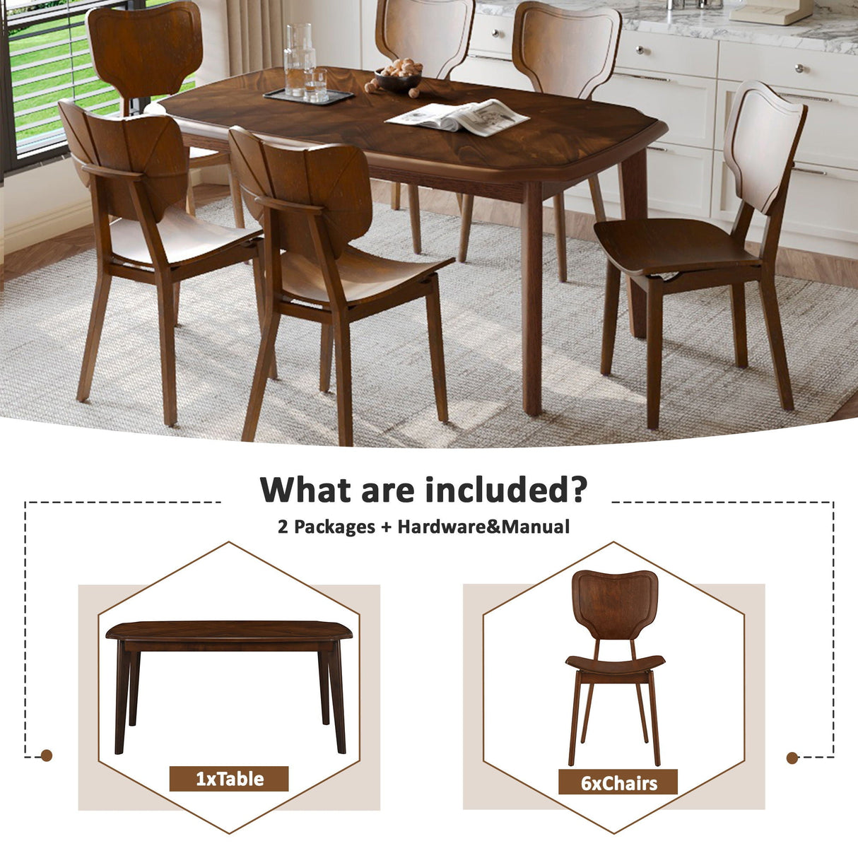 Topmax - 7 Piece Vintage Dining Table Set With 6 Dining Chairs, Kitchen Table Set For 6 With Curved Back And Seat by Couch.com