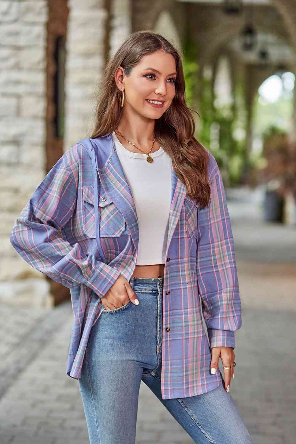 Modern Women Plaid Long Sleeve Hooded Jacket Stylish & Comfortable Outerwear For Winter And Autumn