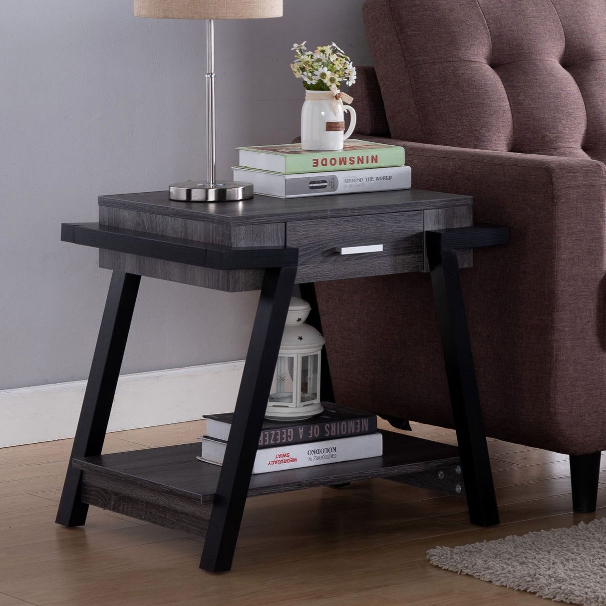 Home End Table With Drawer, Side Table With Storage Shelf - Distressed Gray / Black by Couch.com