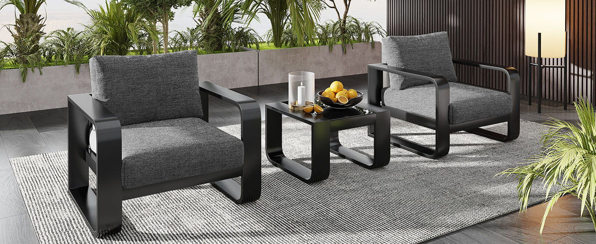 3 Piece Aluminum Frame Patio Furniture With 6.7" Thick Cushion And Coffee Table, All Weather Use Olefin Fabric Outdoor Chair - Gray / Black by Couch.com