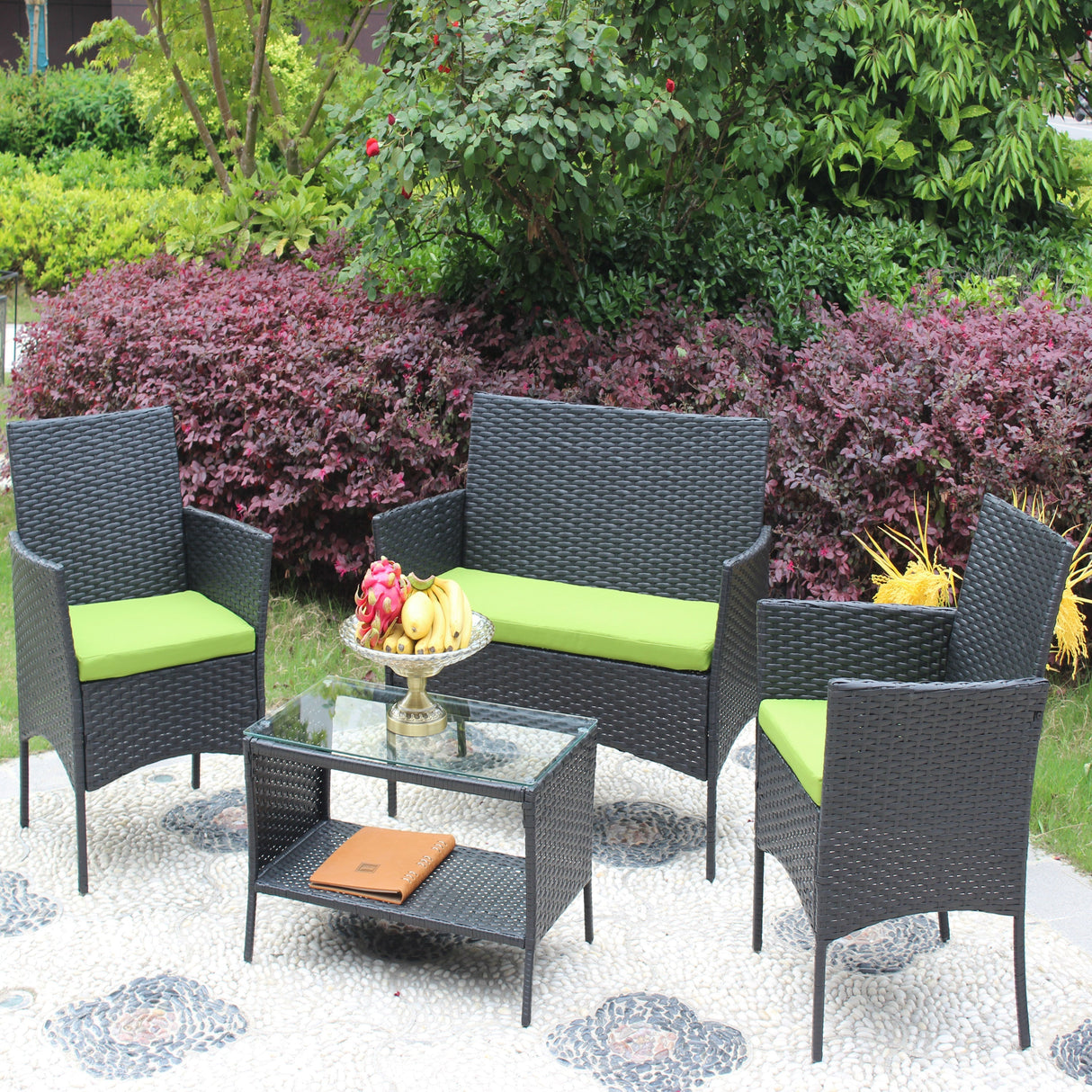 4 PC Rattan Patio Furniture Set Outdoor Cushioned Wicker Sofa Green Cushion