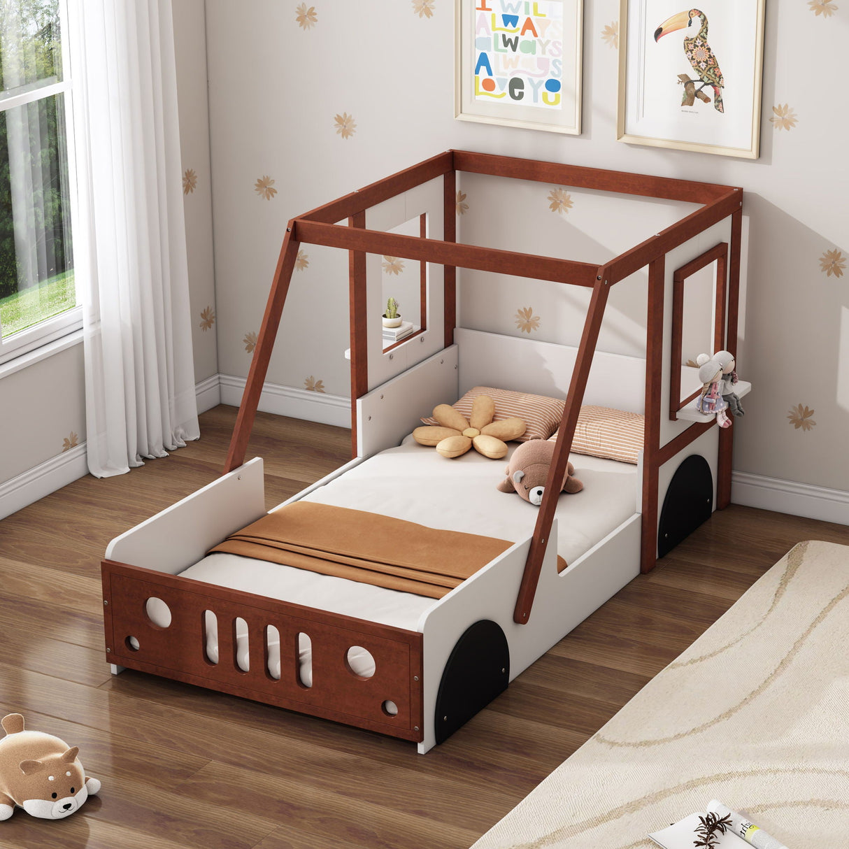 Fun Play Design Twin Size Car Bed, Kids Platform Bed In Car Shaped For Kids Boys Girls Teens - White / Orange by Couch.com