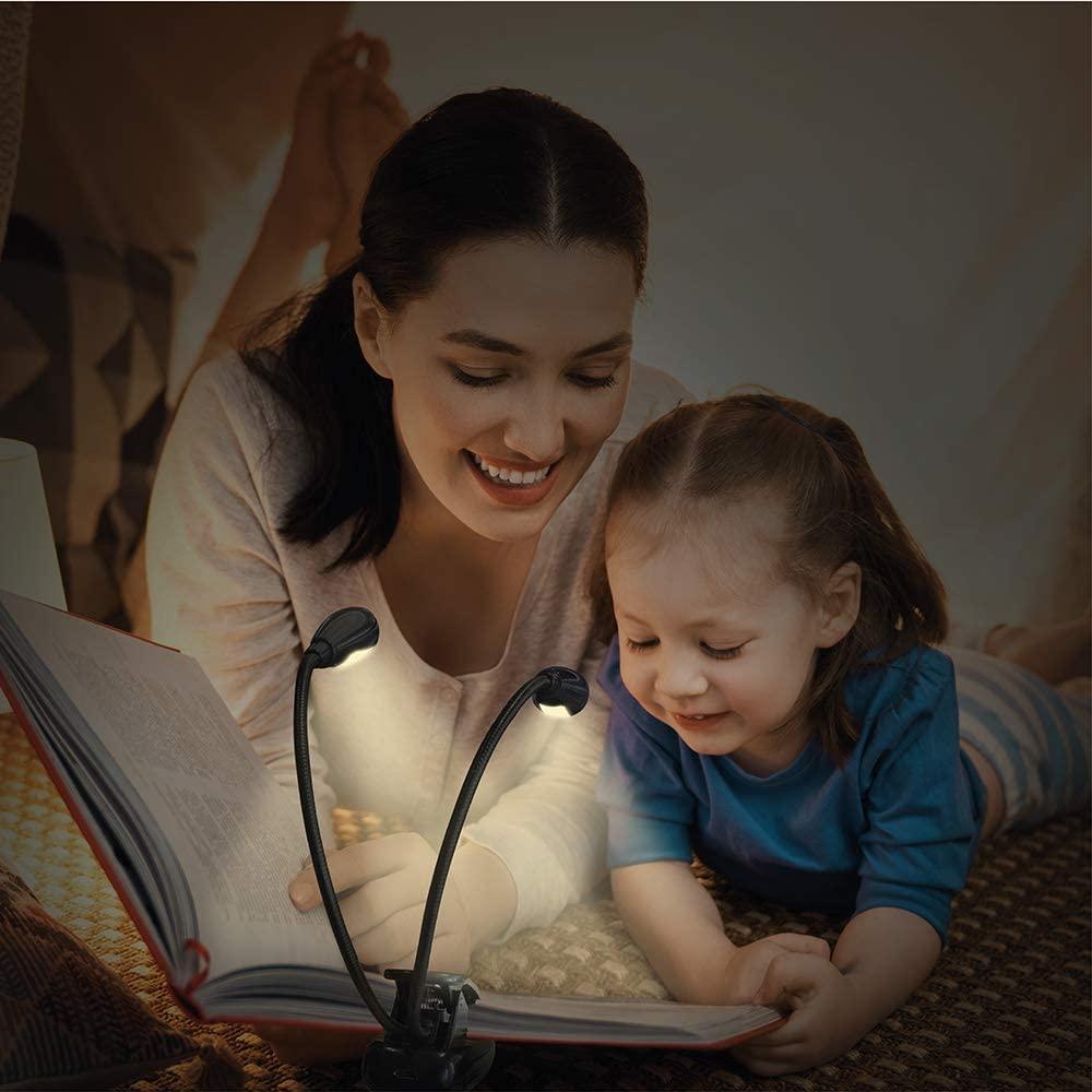 Super Adjustable Goosenecks Clip LED Lamp For Book Reading With Stand And Double Ligh Rechargeable 12 LED Warm Book Light, Clip On Bed Reading Light, Music Stand Lamp, 2 Brightness & 2 Goosenecks Light Up 2 Full Pages. Perfect For Bookworms, Kids & Music