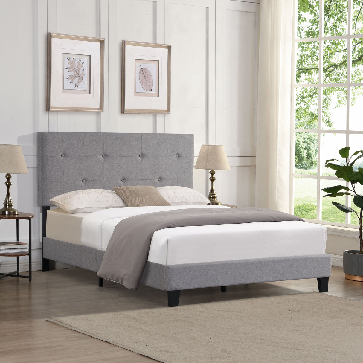 Queen Size Upholstered Platform Bed Frame With Button Tufted Linen Headboard, No Box Spring Needed, Wood Slat Support - Gray by Couch.com