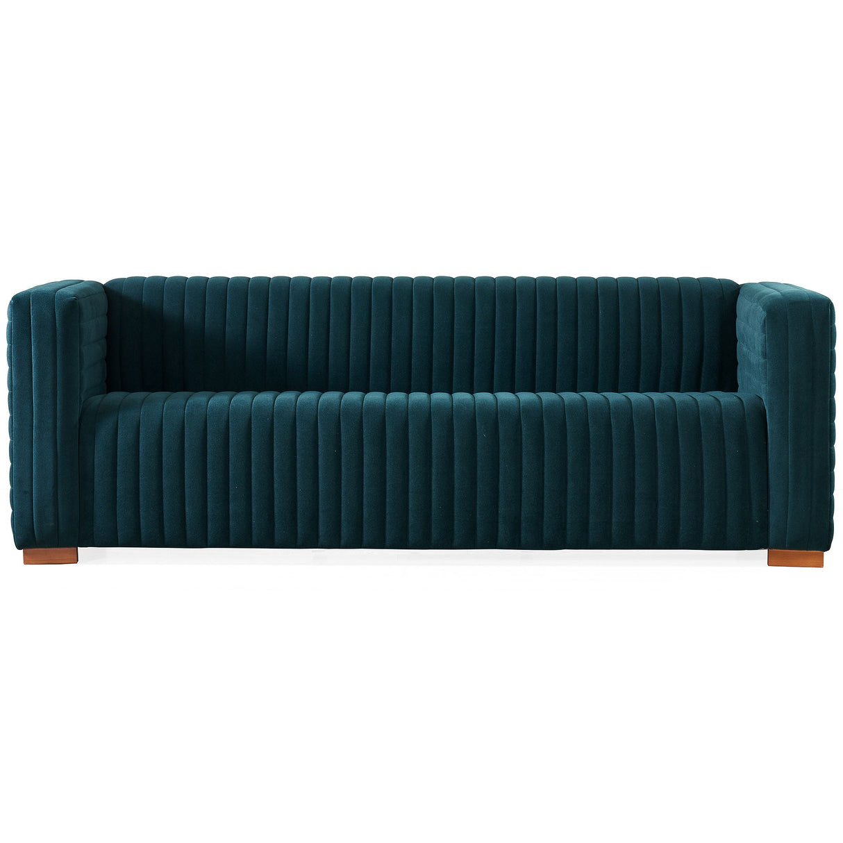 The Elara Upholstered Sofa features a contemporary teal velvet design with vertical channel tufting and square arms, complemented by a sleek profile and wooden block legs.
