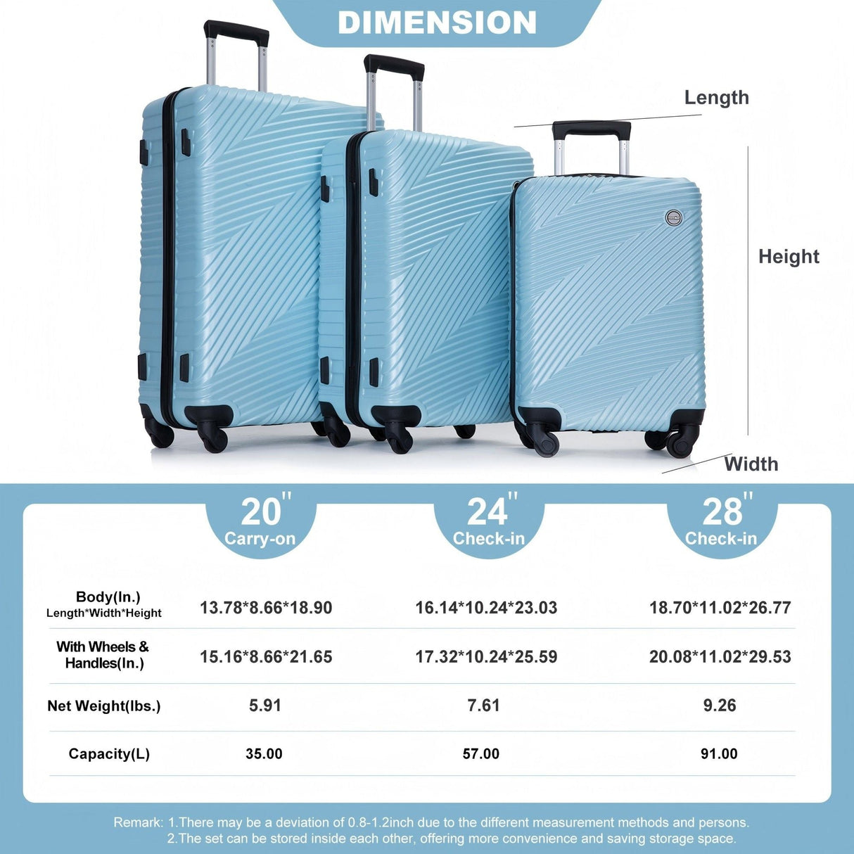 3 Piece Luggage Sets Lightweight Suitcase With Two Hooks, Spinner Wheels, by Couch.com