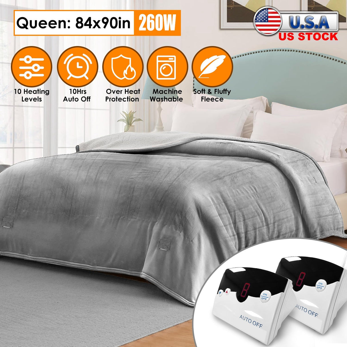 Electric Heated Queen Size Fleece Heated Blanket with Dual Controller 10 Heating Levels 10 Hours Auto Off Machine Washable for Home Office Usage 84x90 by DirectDeals
