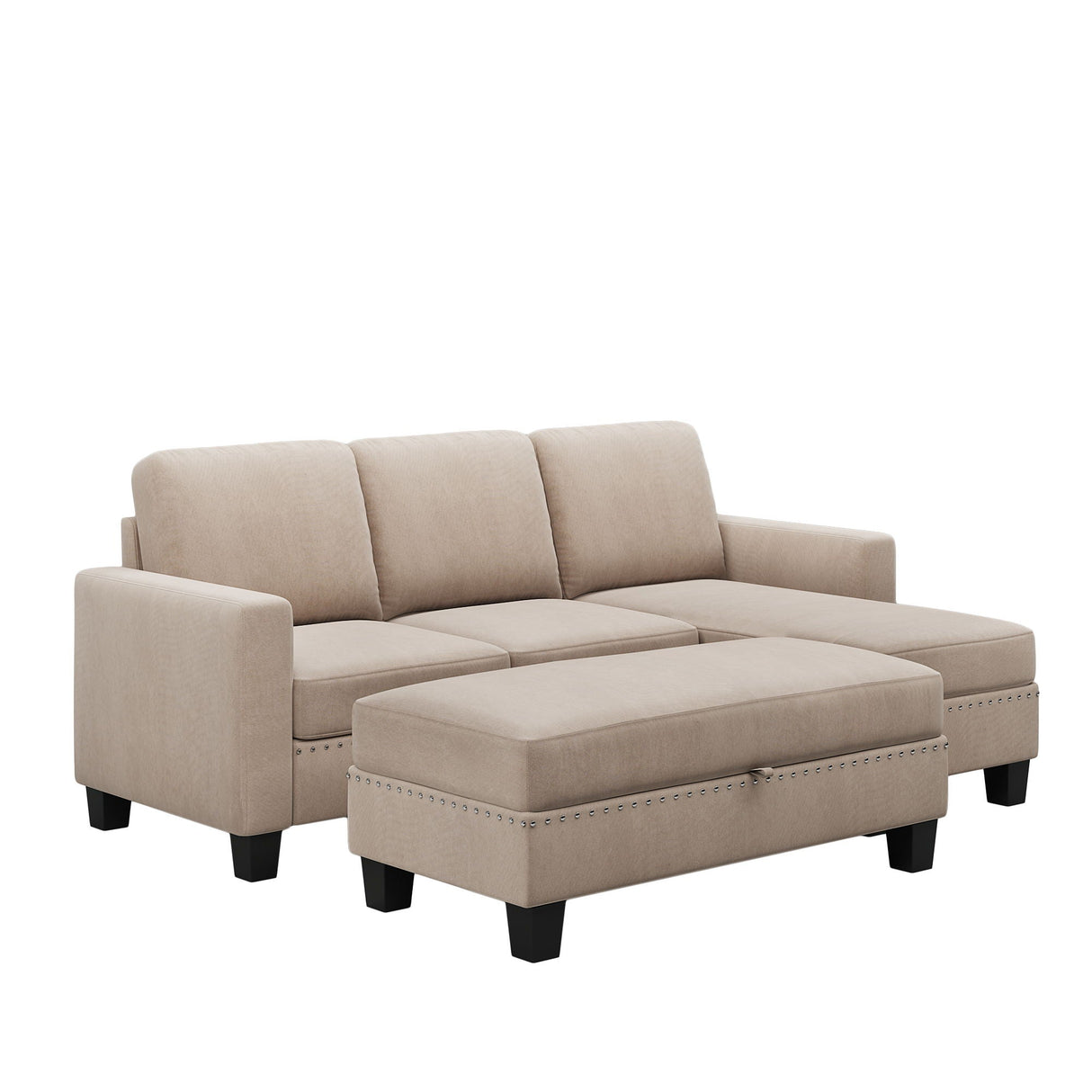 Reversible Sectional Couch With Storage Chaise L-Shaped Sofa Sectional Set, Sectional Sofa With Ottoman, Nailhead Textured Linen Fabric 3 Pieces Sofa Set - Warm Gray by Couch.com