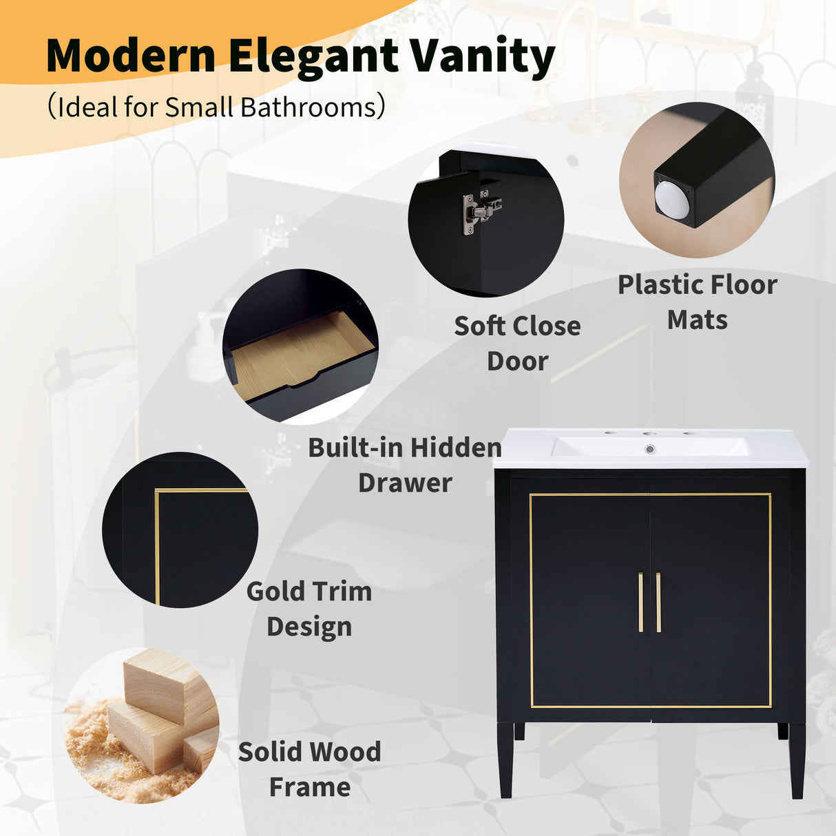Bathroom Vanity With Ceramic Basin, Soft Close Door, Built-In Hidden Drawer - Black by Couch.com