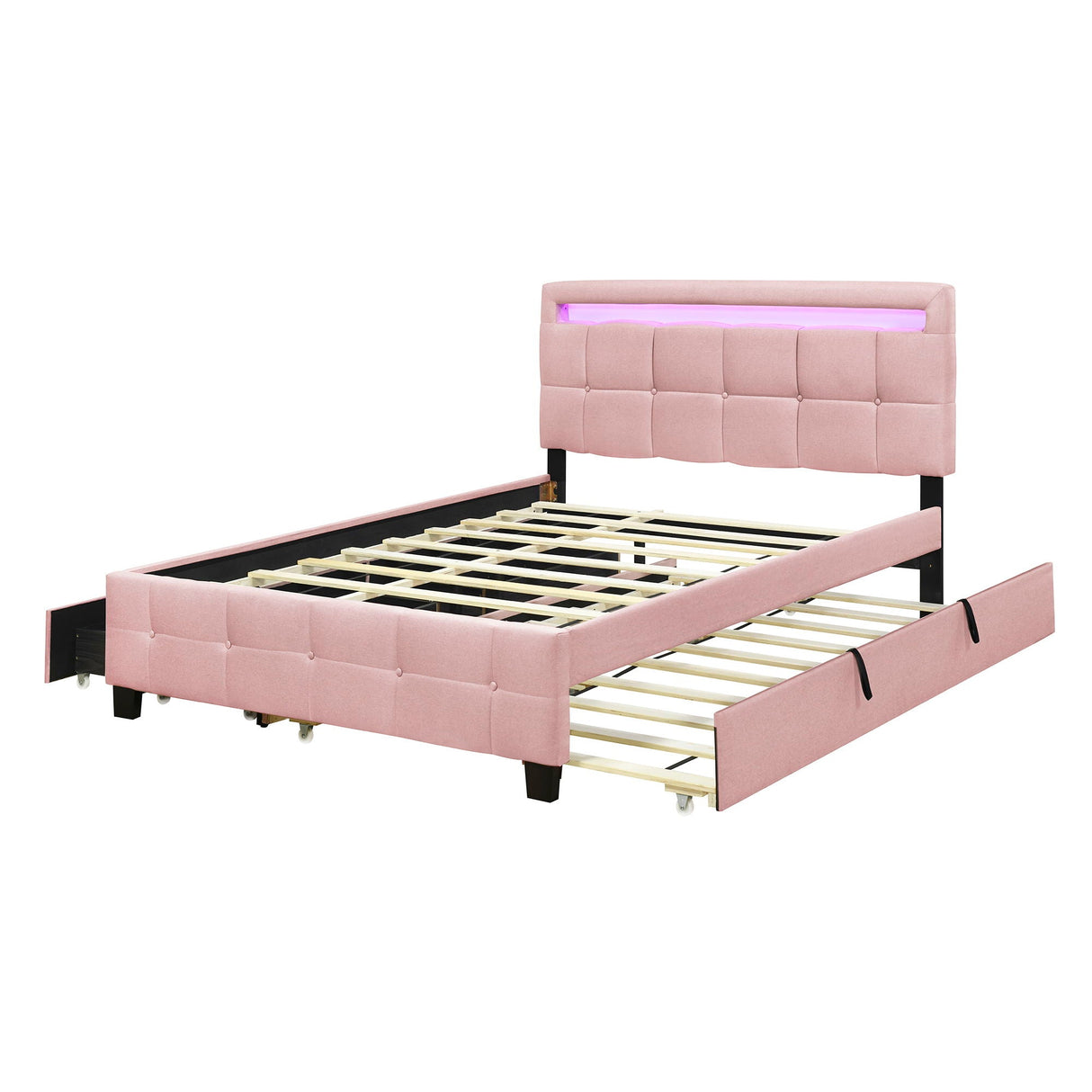 The Upholstered Platform Bed with LED Frame features a pink tufted headboard and LED strip, storage drawers at the foot, slatted base support, and excludes a mattress, blending modern style with functionality.
