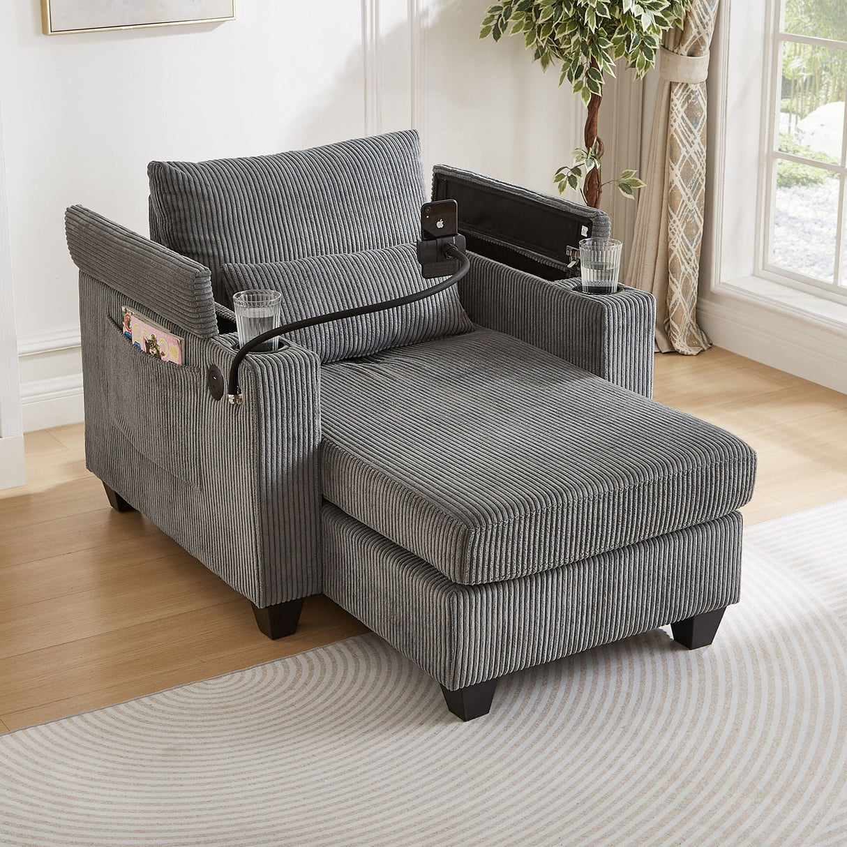 Convertible Chaise Lounge Sofa Chair With USB Ports, Cup Holders, Phone Holder And Storage by Couch.com