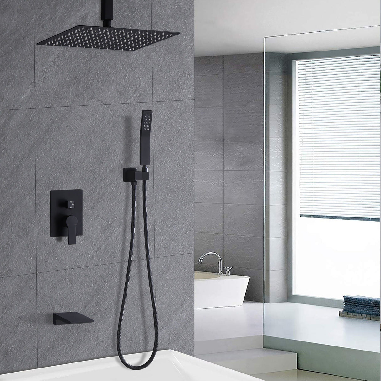 Contemporary Shower System With Rainfall Head And Handheld Spray, Wall Mounted by Couch.com