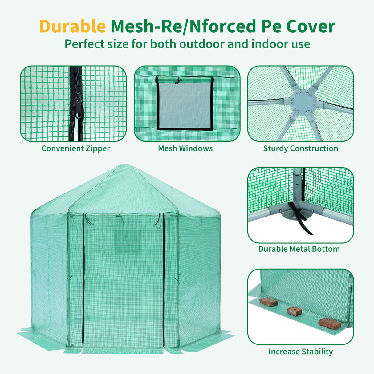 Walk-in Greenhouse Hexagonal Upgrade Reinforced Frame Heavy Duty Plastic Greenhouse Reinforced Thickened Waterproof Insulation (9.2*8.1 ft) - Green by Couch.com
