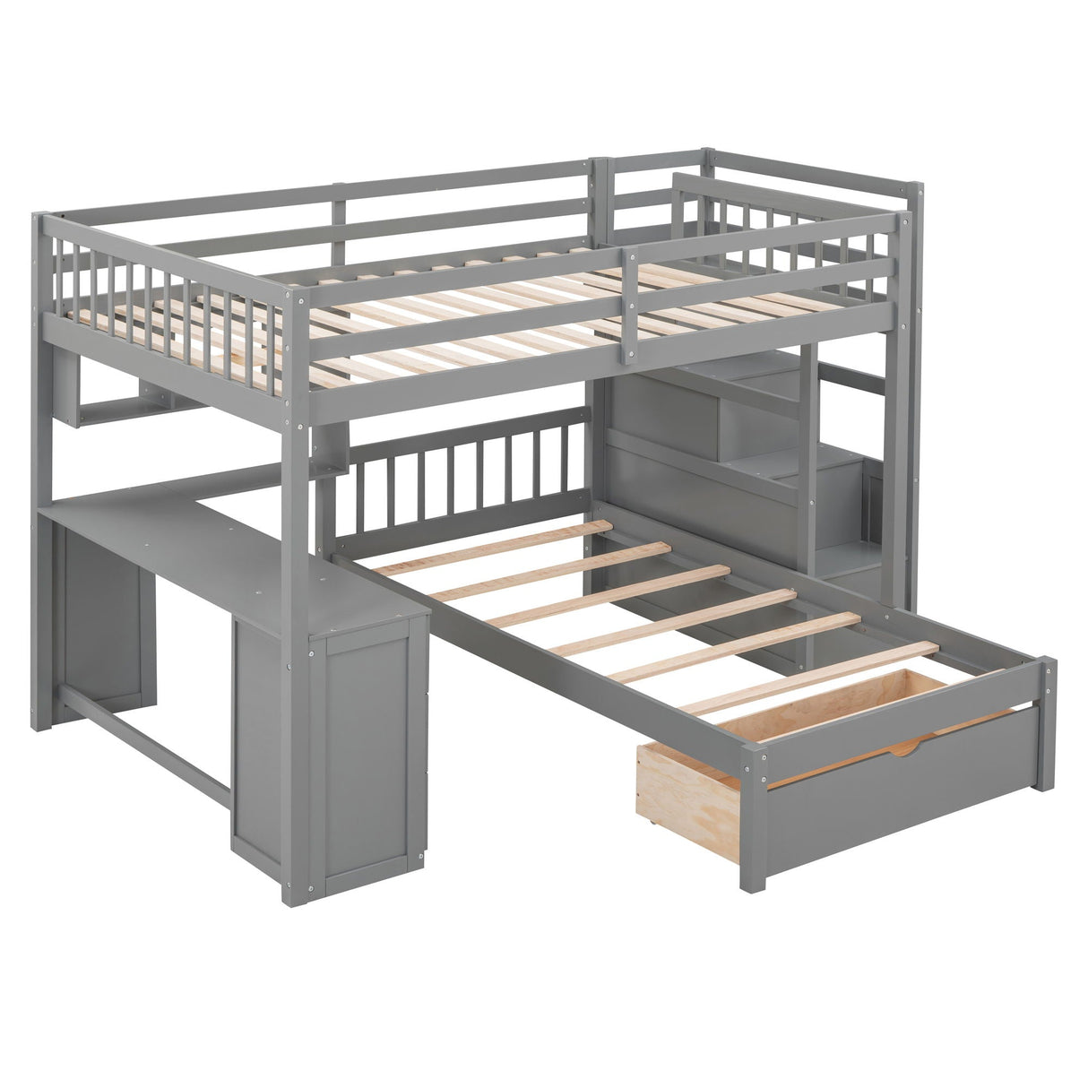 The "Bunk Bed With Desk, Drawers And Shelves" features a gray loft design with a top bunk, integrated lower desk area, and a pull-out bed frame with storage drawers. Slatted safety rails adorn the top bunk, but no mattress is included.