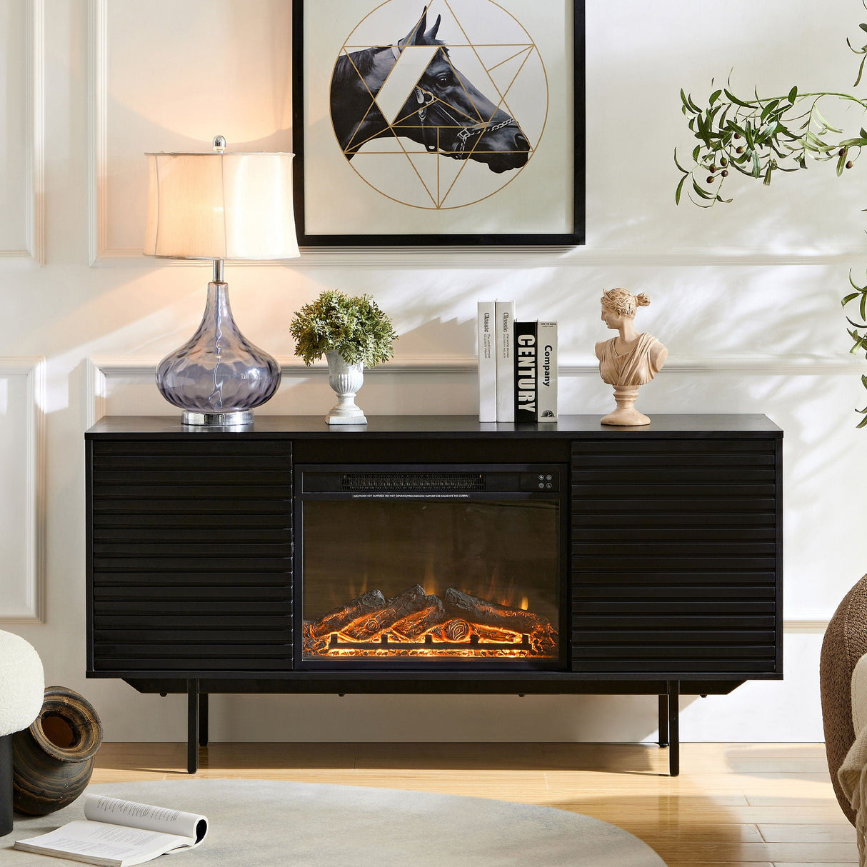 Oak Board Cabinet, The Middle Layer Board On Both Sides Of The Cabinet Can Be Adjusted, The Furnace Is Embedded In The Middle Grid With The Remote Control by Couch.com