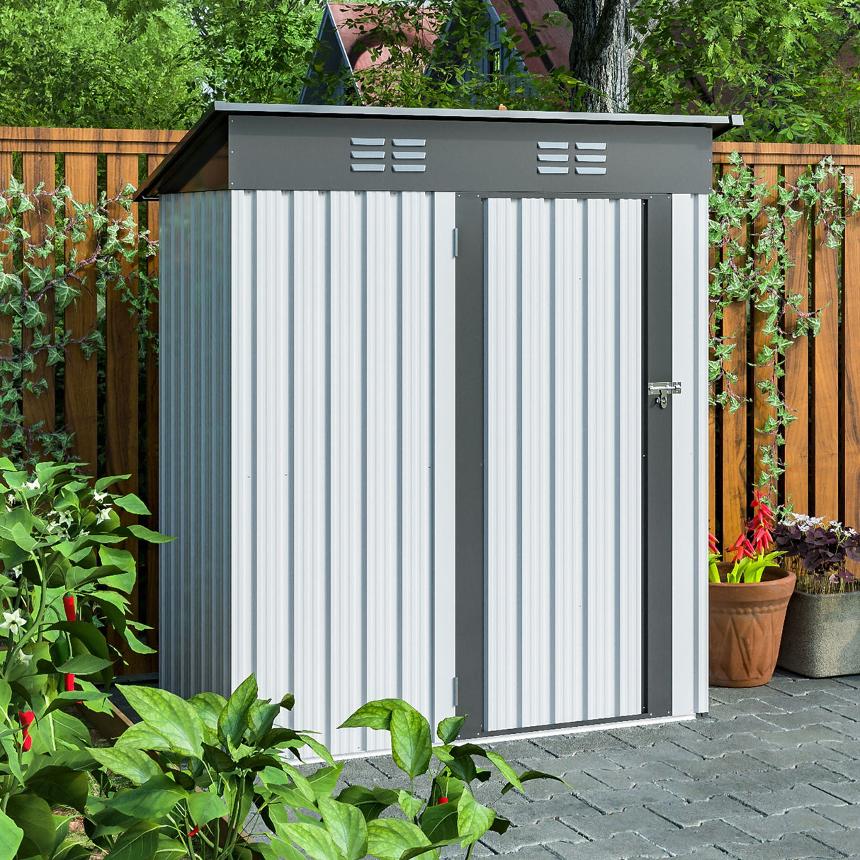 Outdoor Storage Shed, Galvanized Metal Garden Shed With Lockable Doors, Tool Storage Shed For Patio Lawn Backyard Trash Cans - White by Couch.com