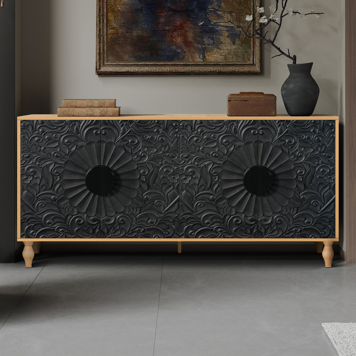 Black Carved Symmetrical Design Door And Wood Coloured Frame TV Stand