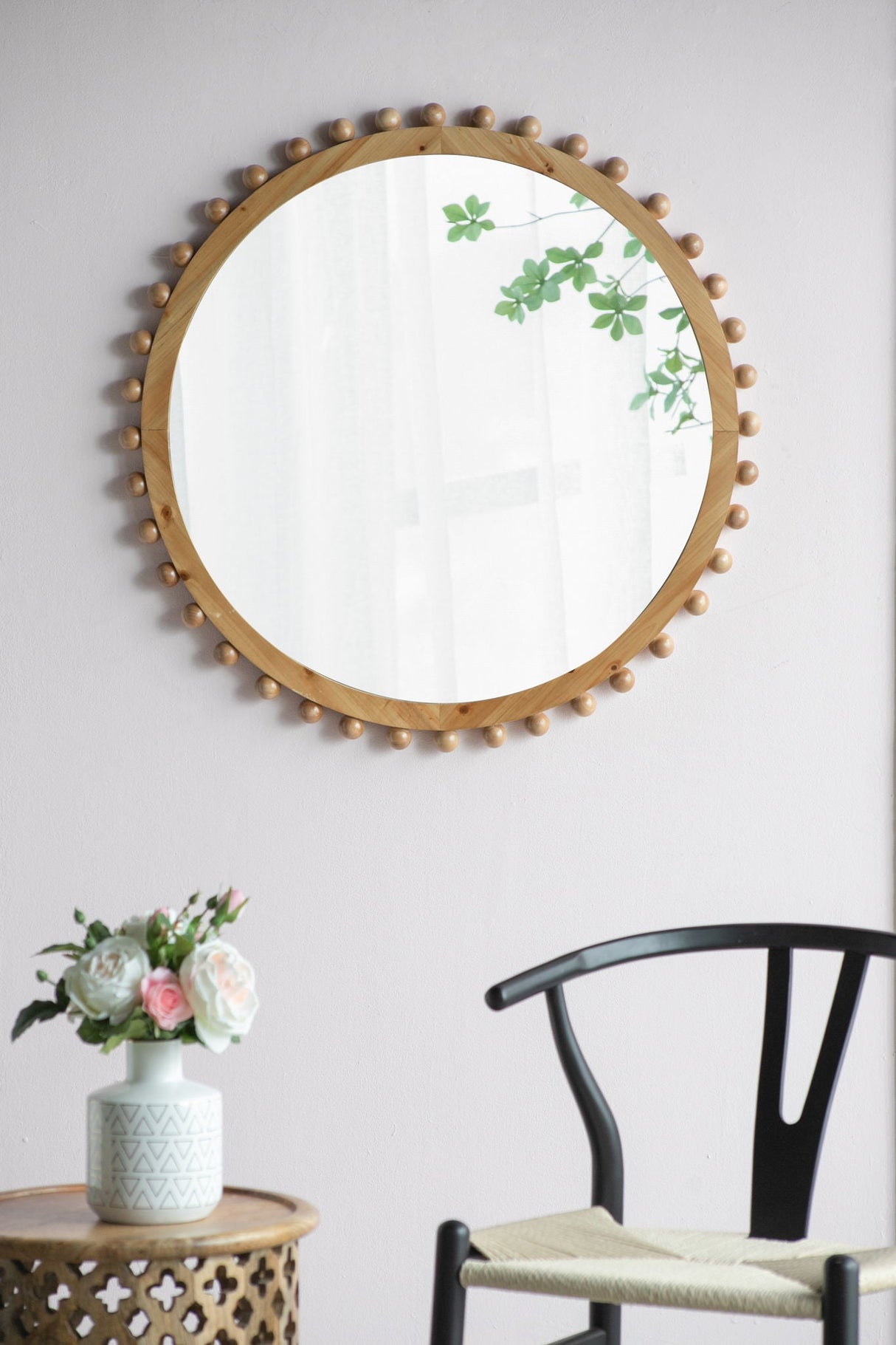 Wood Round Mirror With Beaded Frame, Circle Wall Mirror For Living Room Bedroom Entryway - Brown by Couch.com