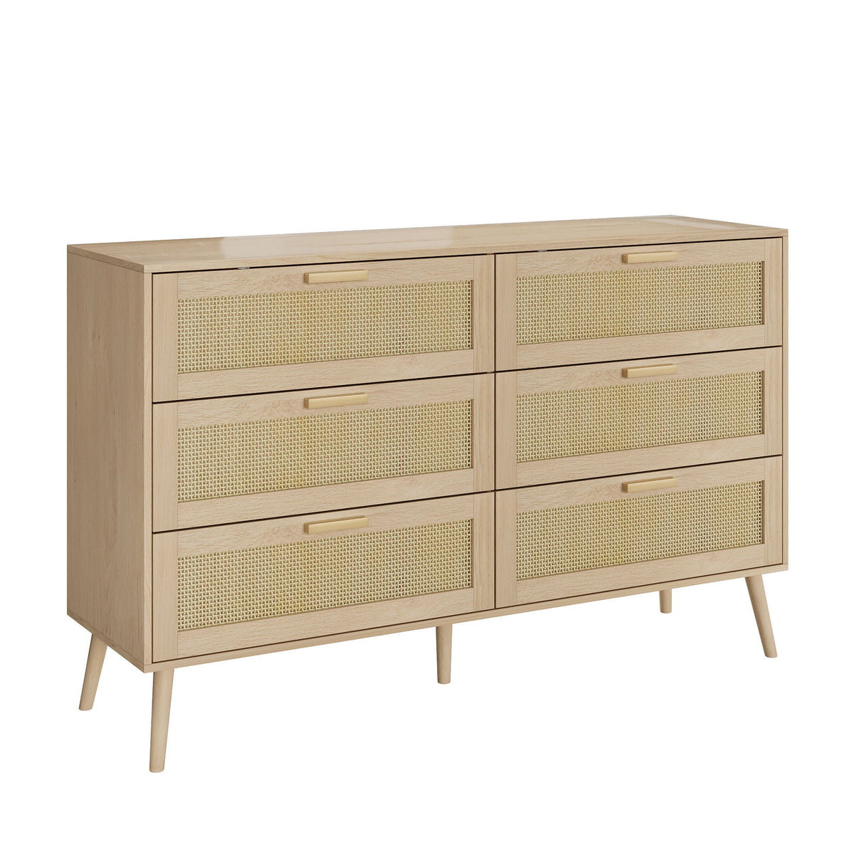 Rattan 6 Drawers Chest Of Dressers For Bedroom, Modern 6 Drawer Dresser, Wide Chest Of Drawers With Wood Handles, Rattan Dresser Storage Cabinet For Living Room, Bedroom, Hallway - Natural Wood / Oak by Couch.com