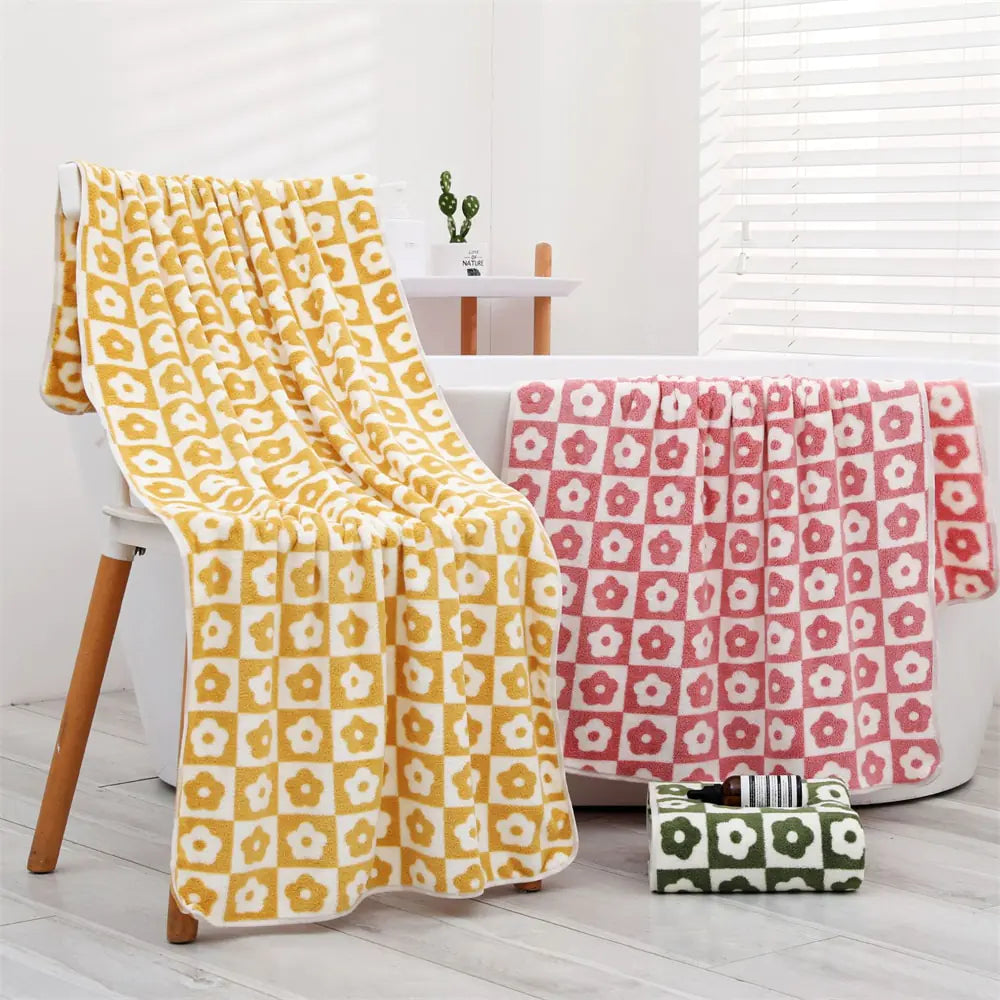 Cute Plaid Flowers Microfiber Towel Bath Towel Soft Face Towels
