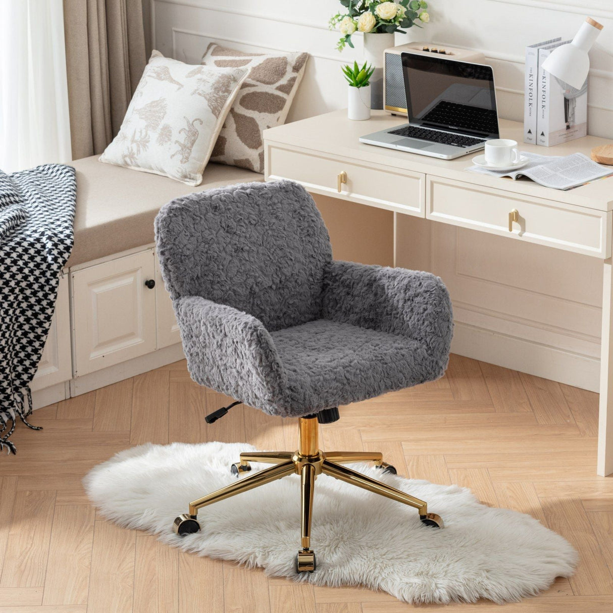 Office Chair, Artificial Rabbit Hair Home Office Chair With Golden Metal Base, Adjustable Desk Chair Swivel Office Chair, Vanity Chair by Couch.com