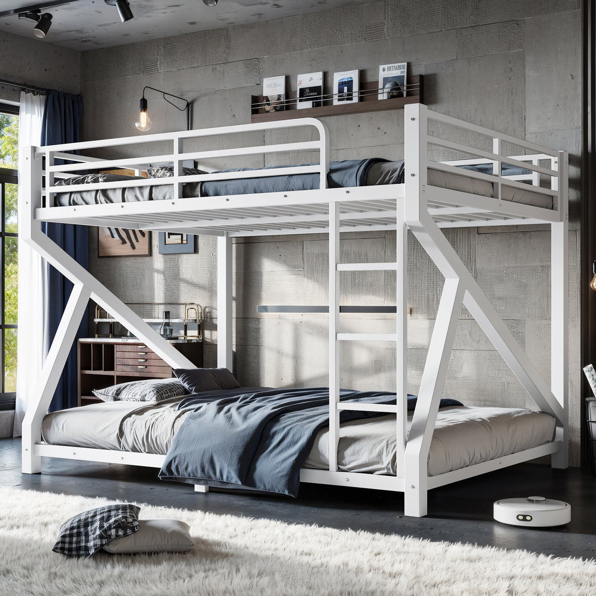 Queen over Queen Bunk Bed with ladders, Metal Bunk Bed with Full Upgraded Support Slats, Low Profile Bunk Bed, White