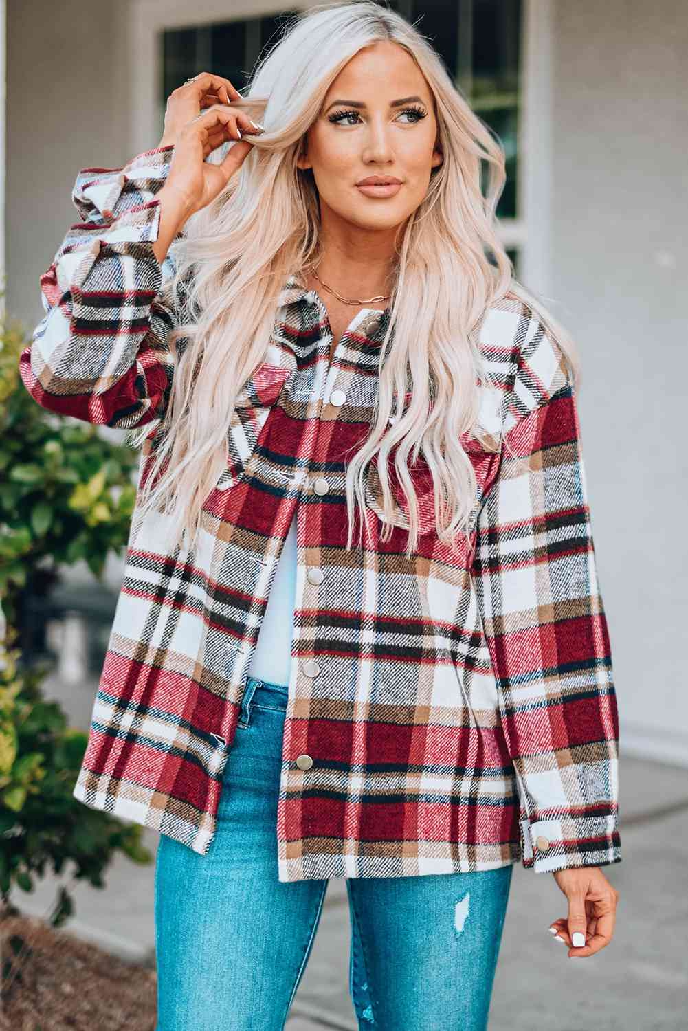 Classic Plaid Button Front Shirt Jacket with Breast Pockets Casual & Minimalist Outerwear