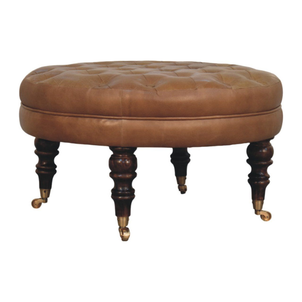 Buffalo - Leather Round Ottoman With Castor Legs - Brown by Couch.com