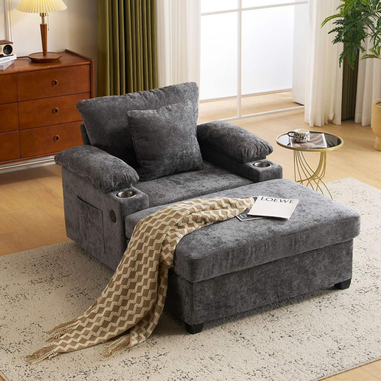 Modern Oversized Chair With Ottoman, Cupholders And USB Charging Ports