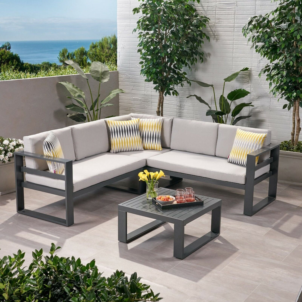 Dursley - Outdoor Aluminum V Shape Sofa Sectional - Beige / Gray by Couch.com