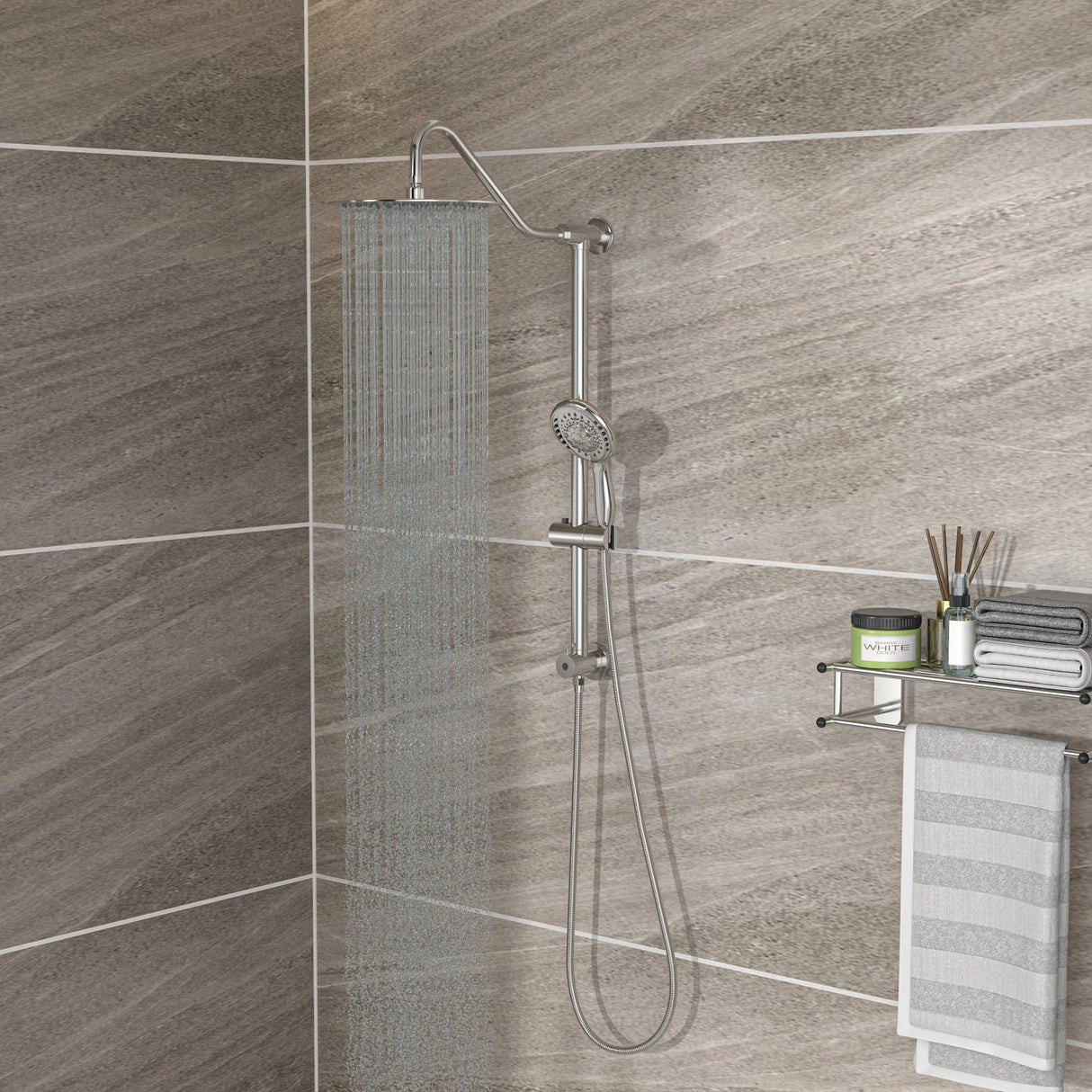 Shower System With 5 Function Rain Hand Shower And Slide Bar Combo