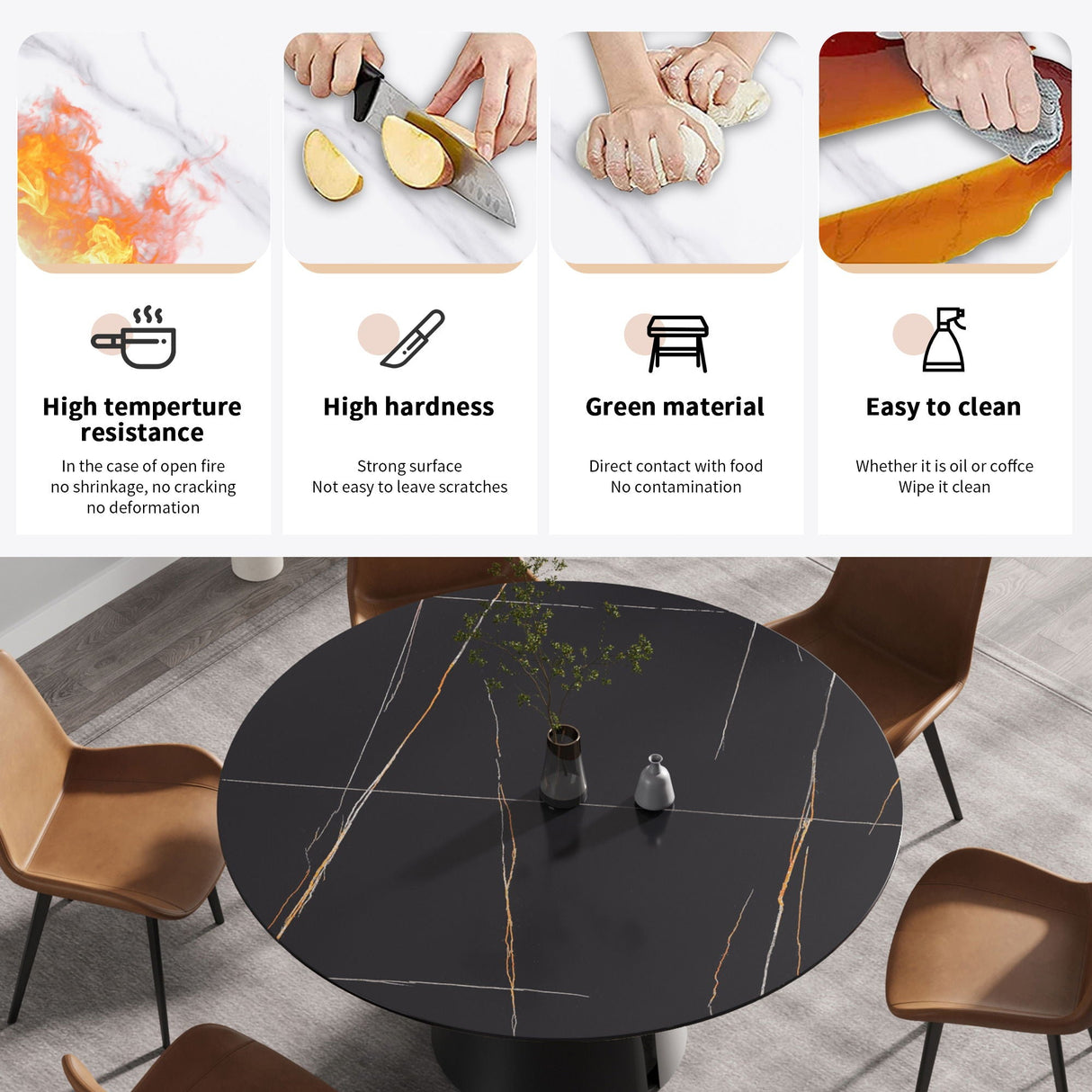 Modern Artificial Stone Round Carbon Steel Base Dining Table, Can Accommodate 6 People - Black / Gold by Couch.com