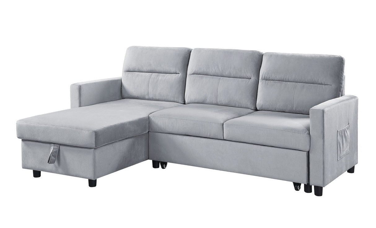 Ruby - Velvet Reversible Sleeper Sectional Sofa With Storage Chaise And Side Pocket - Light Gray by Couch.com