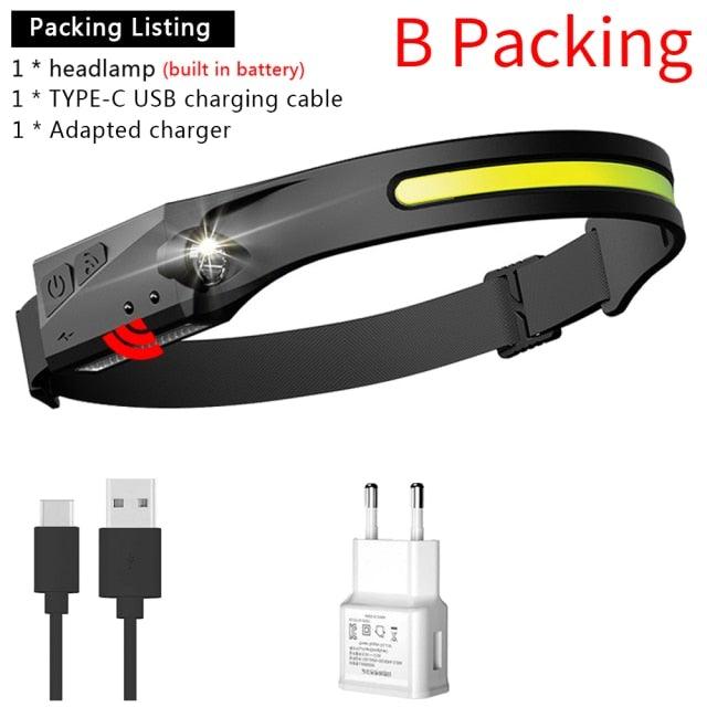 Adjustable Rechargeable LED Induction USB Headlamp Lightweight Head Lamp Head Torch 5 Lighting Modes Flashlight For Camping Hiking Running Outdoor Adults Kids