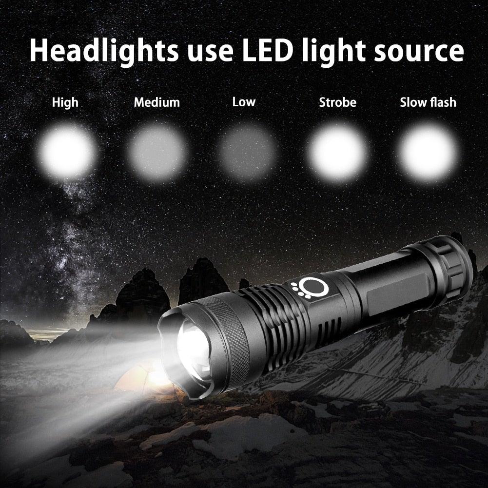 Adjustable Rechargeable Powerful Zoomable LED USB Flashlights High Lumens Powerful Tactical Waterproof Super Bright Flashlights Best For Camping Outdoor Hiking Running Riding
