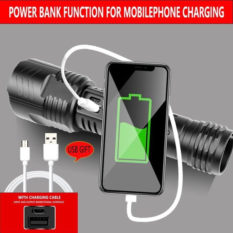 Adjustable Rechargeable Tactical Flashlight USB LED Super Bright Zoomable IPX65 Waterproof Portable Torchlight Flash Lamp USB Charging For Hiking Camping Running Fishing