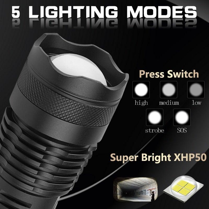 Adjustable Rechargeable Tactical Flashlight USB LED Super Bright Zoomable IPX65 Waterproof Portable Torchlight Flash Lamp USB Charging For Hiking Camping Running Fishing