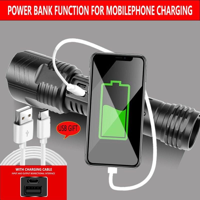 Adjustable Rechargeable Tactical Flashlight USB LED Super Bright Zoomable IPX65 Waterproof Portable Torchlight Flash Lamp USB Charging For Hiking Camping Running Fishing