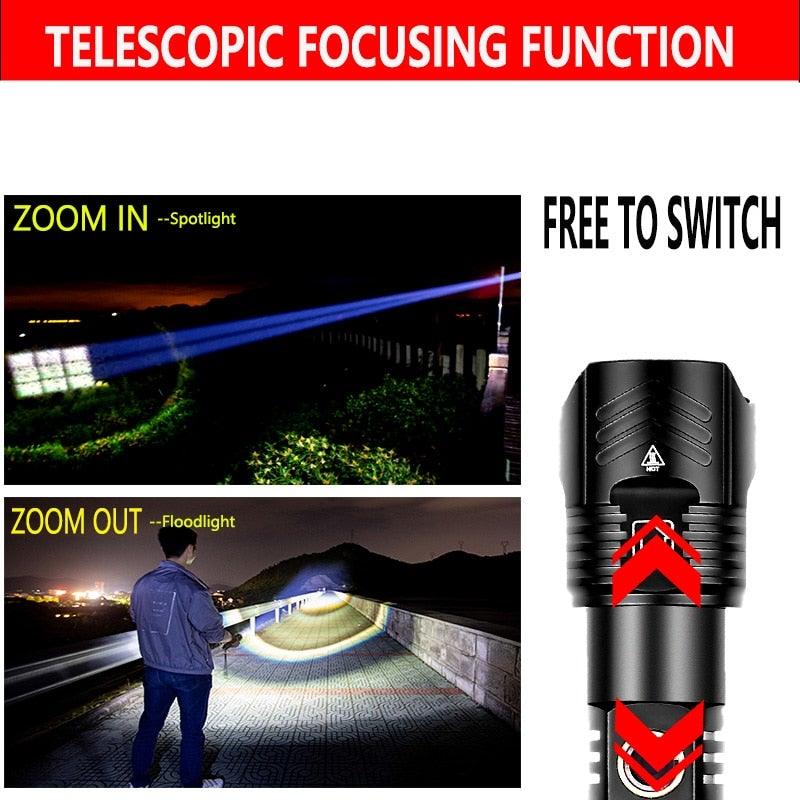 Adjustable Rechargeable Tactical Flashlight USB LED Super Bright Zoomable IPX65 Waterproof Portable Torchlight Flash Lamp USB Charging For Hiking Camping Running Fishing