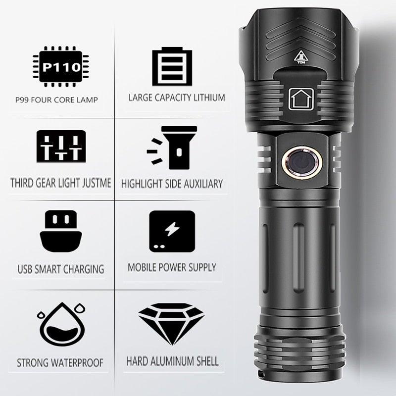 Adjustable Rechargeable Tactical Flashlight USB LED Super Bright Zoomable IPX65 Waterproof Portable Torchlight Flash Lamp USB Charging For Hiking Camping Running Fishing