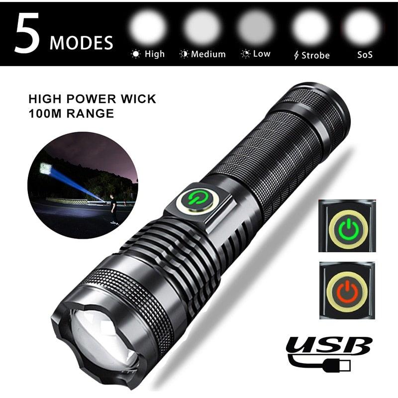 Adjustable Rechargeable Waterproof LED Flashlights Rechargeable High Lumens Torchlight Zoomable Torch USB Charging Waterproof 5 Modes With Power Display For Camping Hiking Outdoor Emergency
