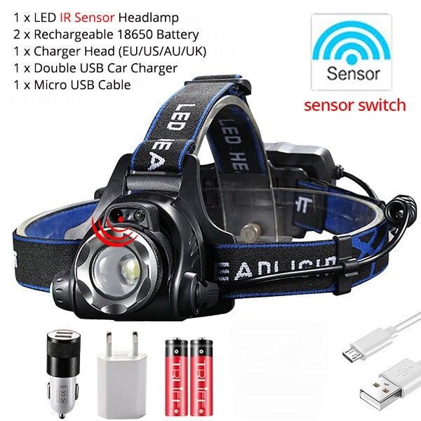 Adjustable USB Rechargeable IR Sensor Super Bright Headlight Battery For Long Working Time LED Headlamp Fishing Waterproof Head Light Lamp Perfect For Running Camping
