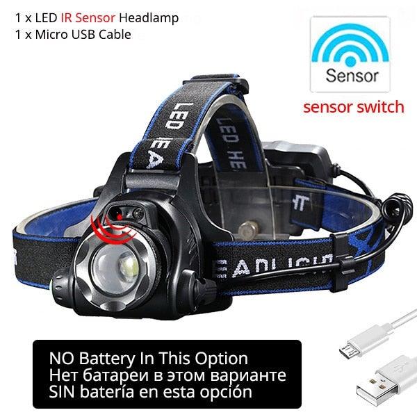 Adjustable USB Rechargeable IR Sensor Super Bright Headlight Battery For Long Working Time LED Headlamp Fishing Waterproof Head Light Lamp Perfect For Running Camping