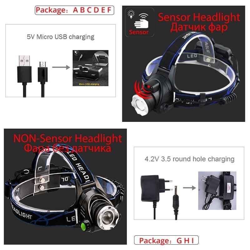 Adjustable USB Rechargeable IR Sensor Super Bright Headlight Battery For Long Working Time LED Headlamp Fishing Waterproof Head Light Lamp Perfect For Running Camping