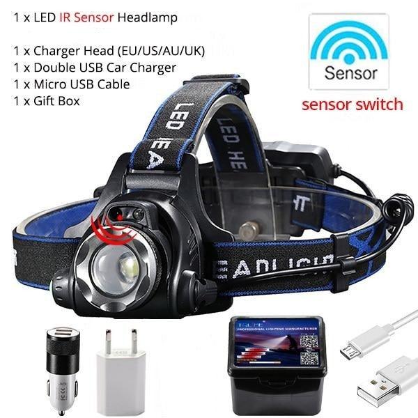 Adjustable USB Rechargeable IR Sensor Super Bright Headlight Battery For Long Working Time LED Headlamp Fishing Waterproof Head Light Lamp Perfect For Running Camping