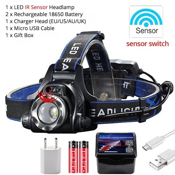 Adjustable USB Rechargeable IR Sensor Super Bright Headlight Battery For Long Working Time LED Headlamp Fishing Waterproof Head Light Lamp Perfect For Running Camping